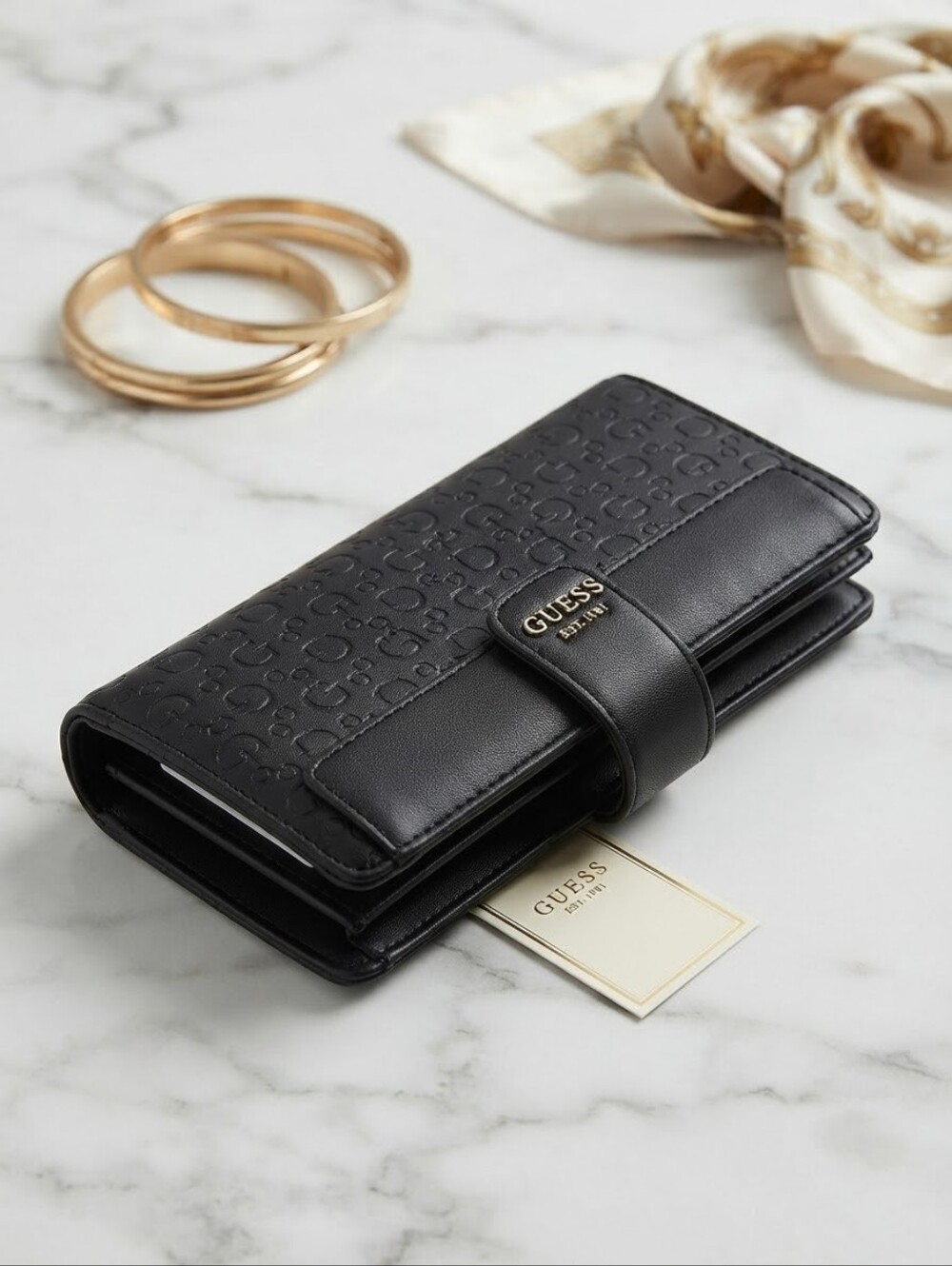 GUESS Black Monogram Debossed Logo Snap Closure Long Wallet / Organizer
